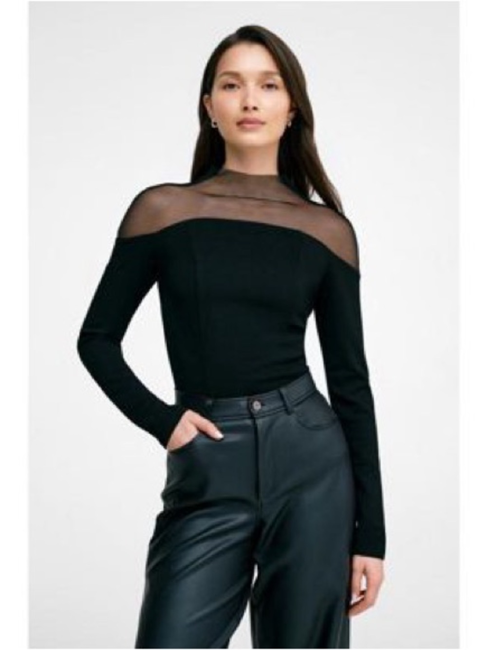 Commense Black Long-Sleeve Top with Sheer Yoke